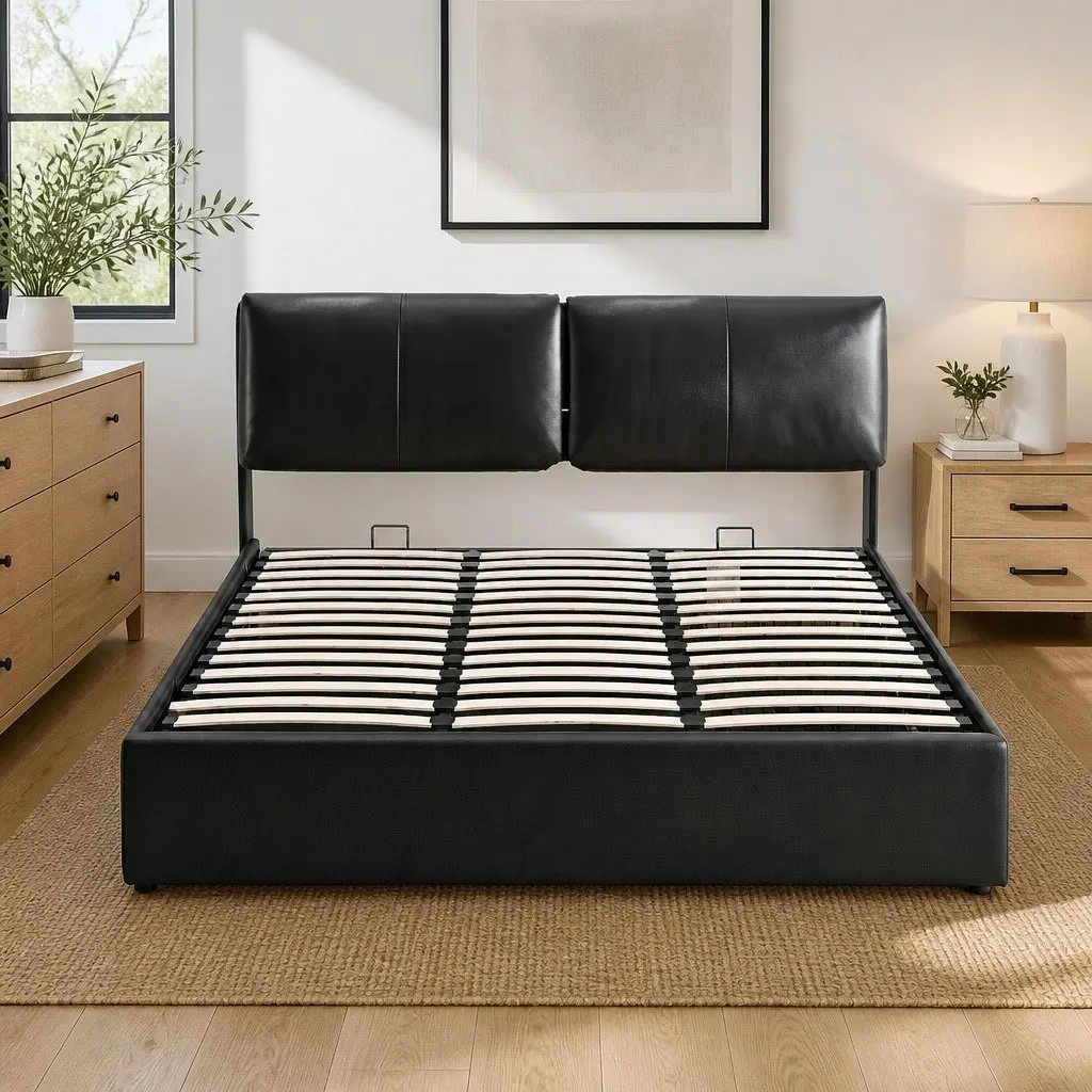 King Bed Frame Black Gas Lift Storage 3 Drawers Adjustable Headboard