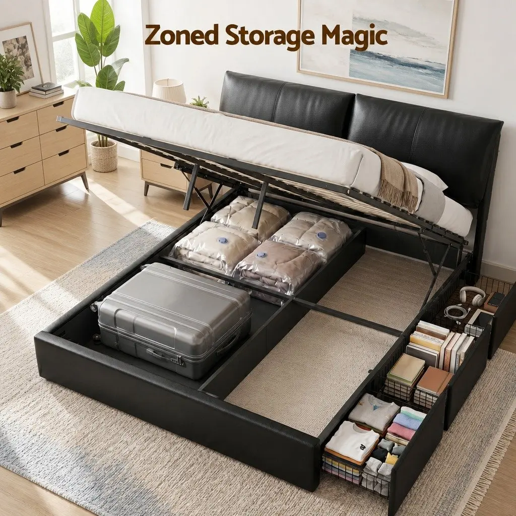 King Bed Frame Black Gas Lift Storage 3 Drawers Adjustable Headboard