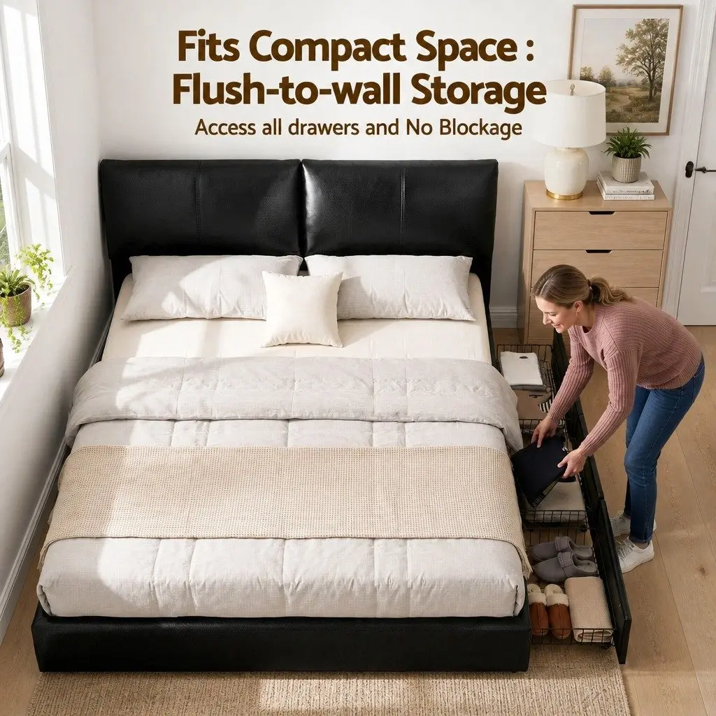 King Bed Frame Black Gas Lift Storage 3 Drawers Adjustable Headboard