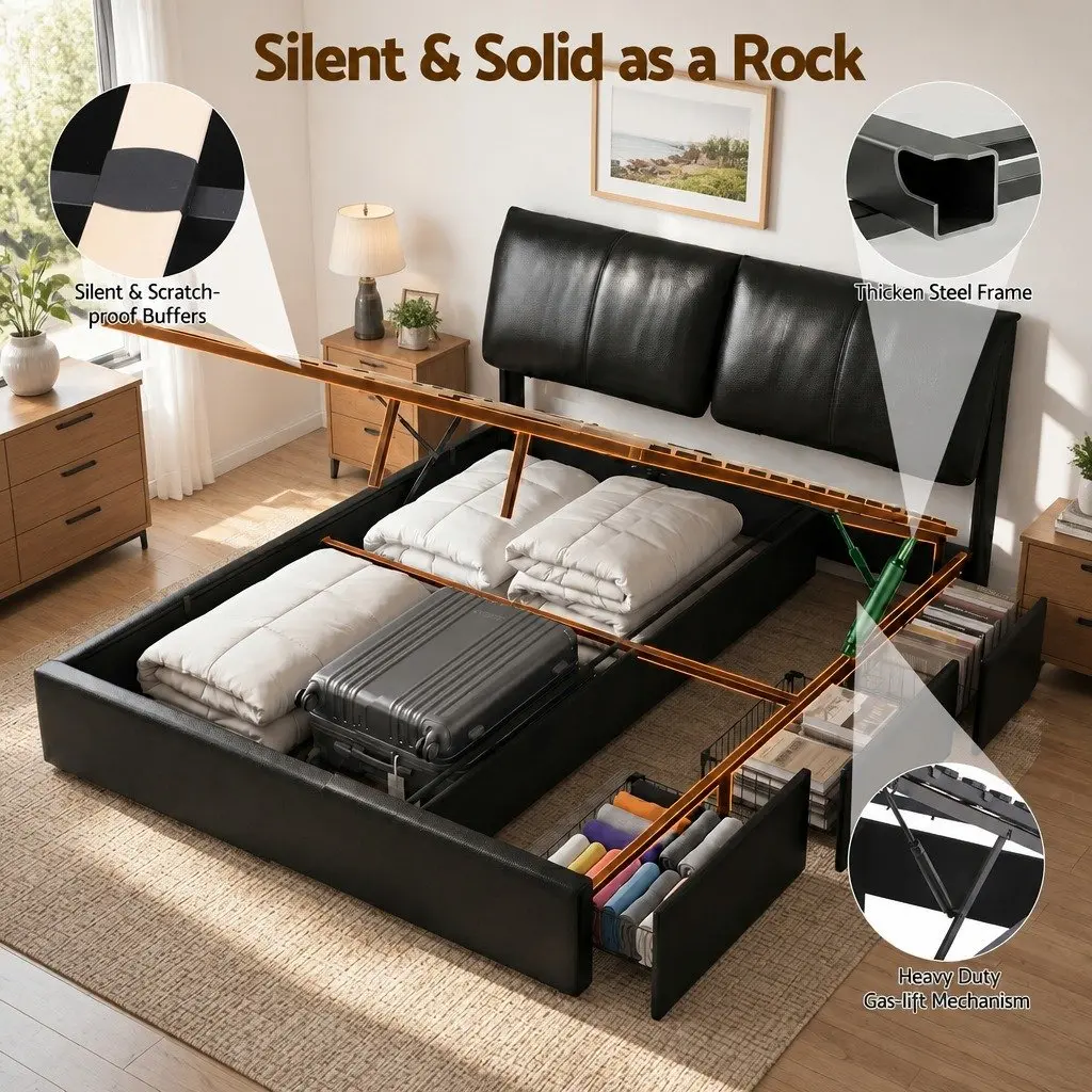 King Bed Frame Black Gas Lift Storage 3 Drawers Adjustable Headboard