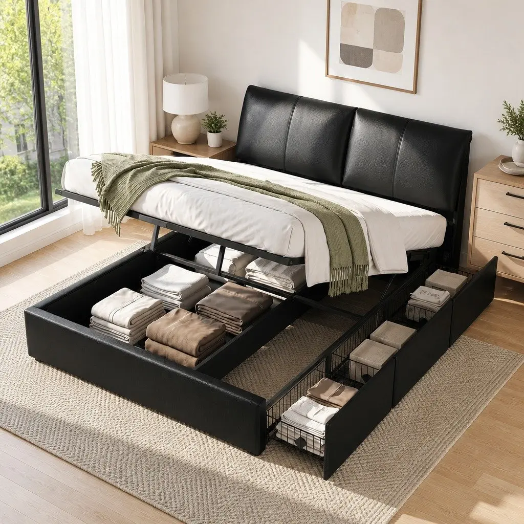 King Bed Frame Black Gas Lift Storage 3 Drawers Adjustable Headboard