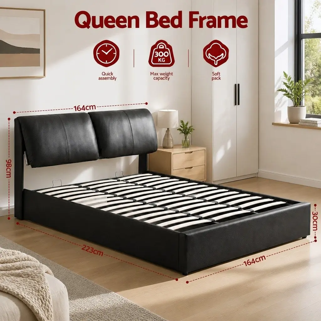 Queen Bed Frame Black Gas Lift Storage 3 Drawers Adjustable Headboard