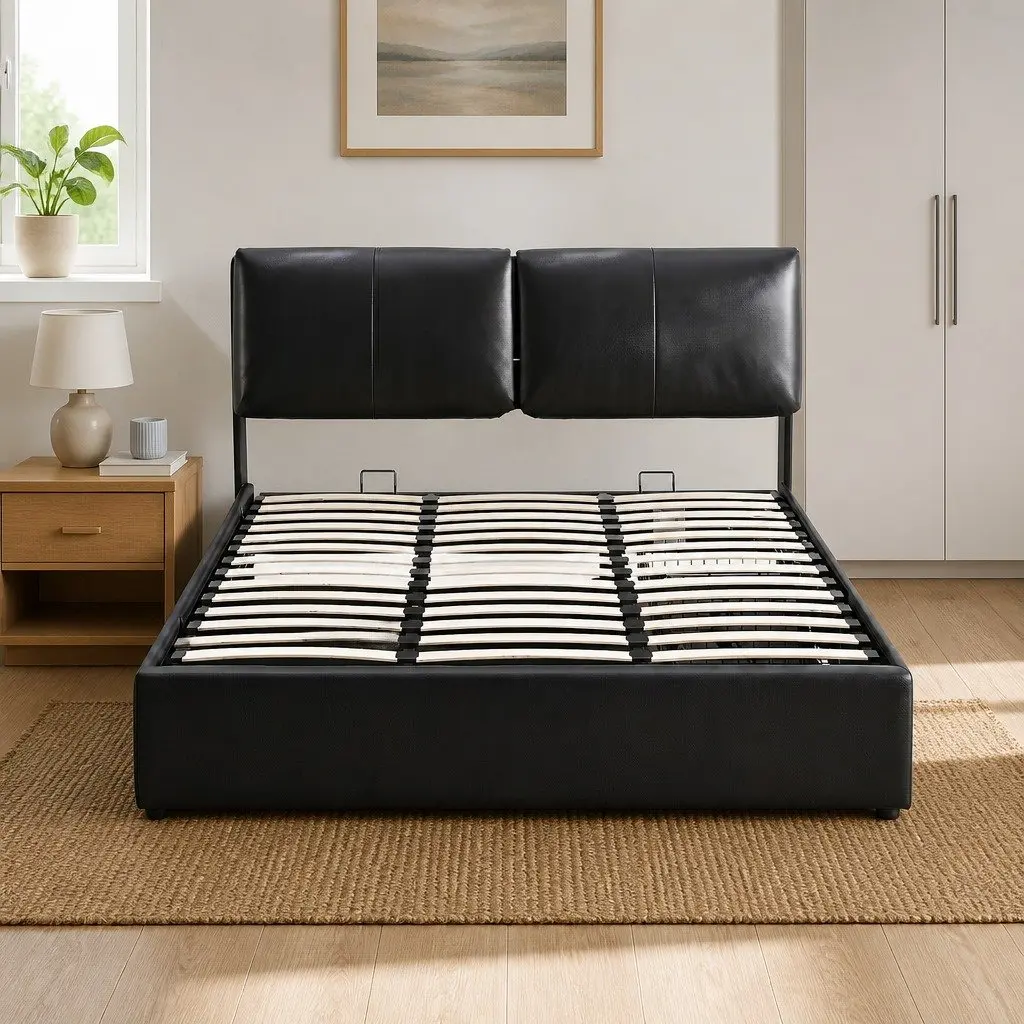 Queen Bed Frame Black Gas Lift Storage 3 Drawers Adjustable Headboard