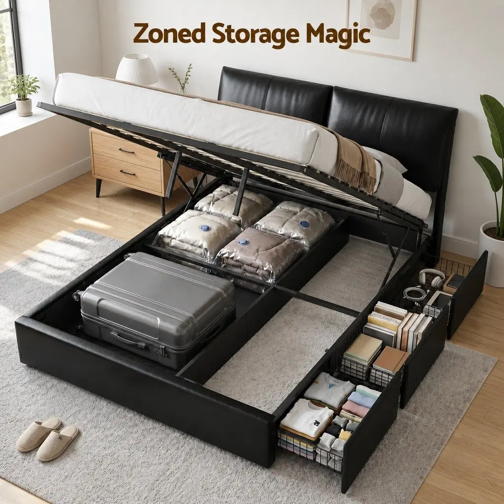 Queen Bed Frame Black Gas Lift Storage 3 Drawers Adjustable Headboard