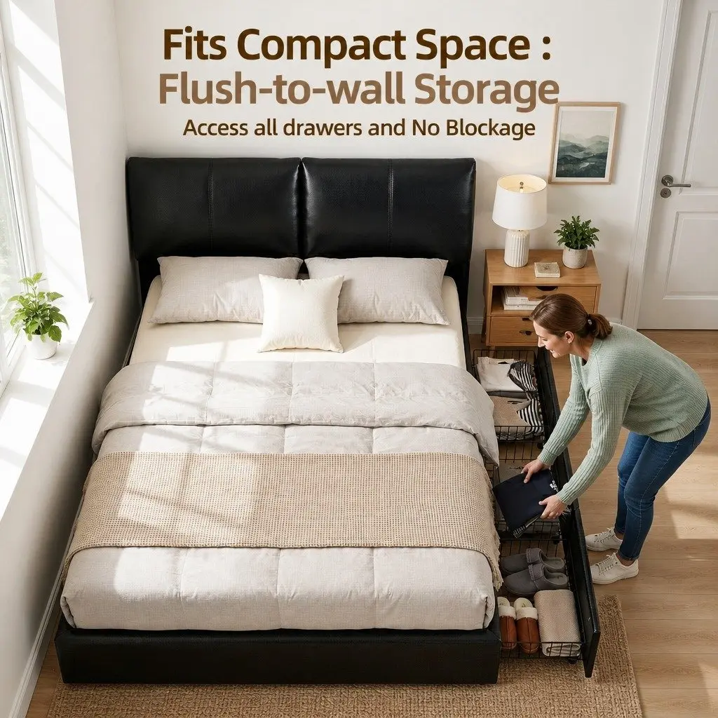 Queen Bed Frame Black Gas Lift Storage 3 Drawers Adjustable Headboard