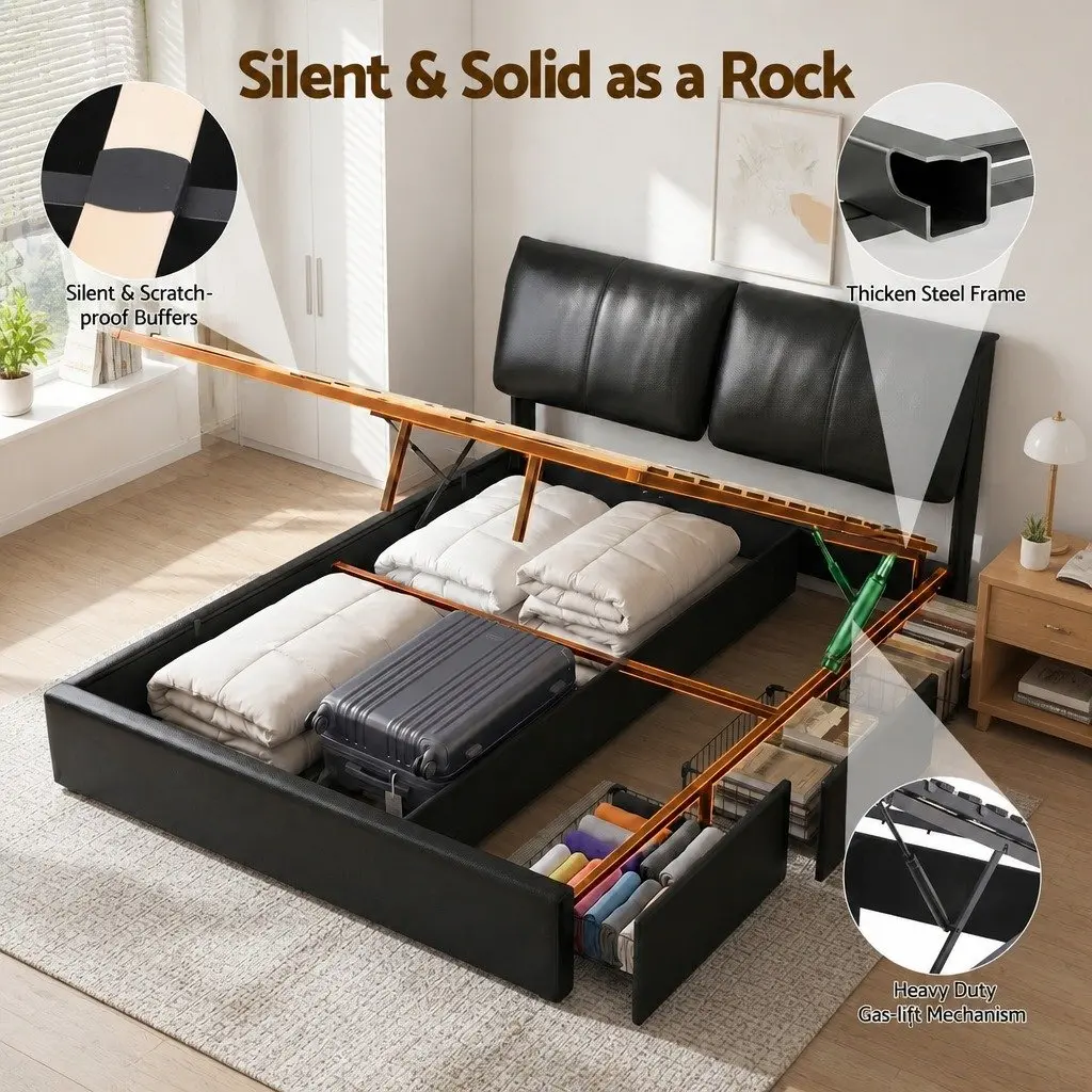 Queen Bed Frame Black Gas Lift Storage 3 Drawers Adjustable Headboard