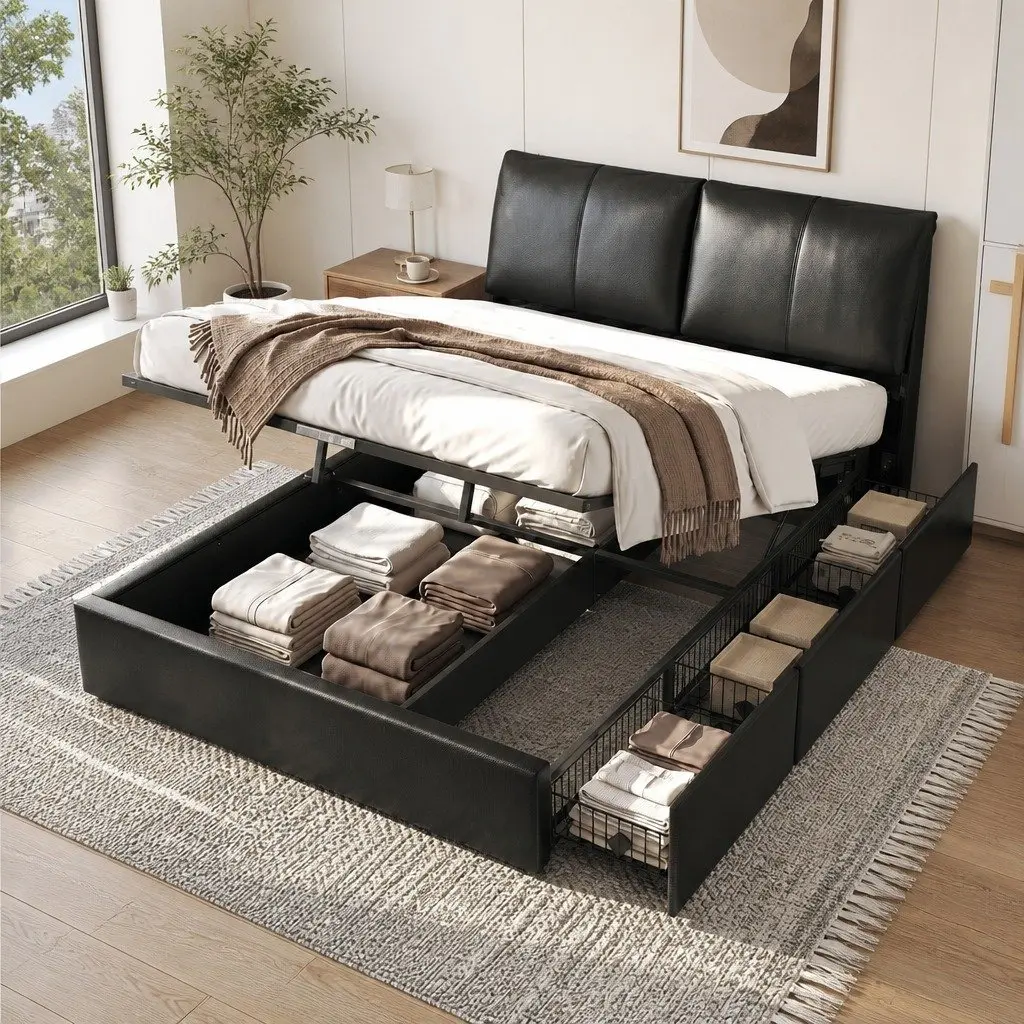 Queen Bed Frame Black Gas Lift Storage 3 Drawers Adjustable Headboard
