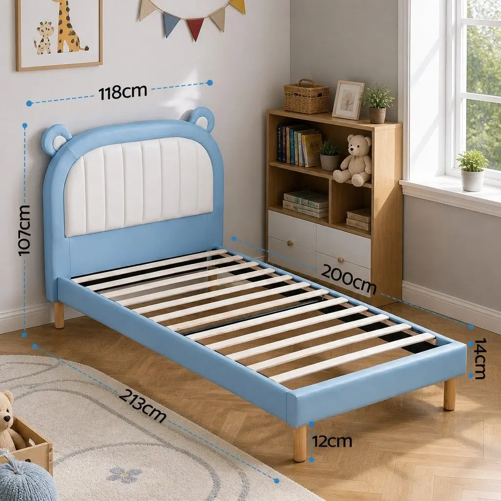 Kids Bed Frame Blue White King Single Upholstered Bear Headboard Waterproof