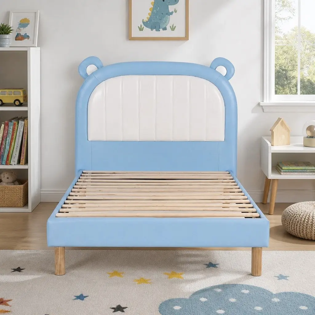 Kids Bed Frame Blue White King Single Upholstered Bear Headboard Waterproof