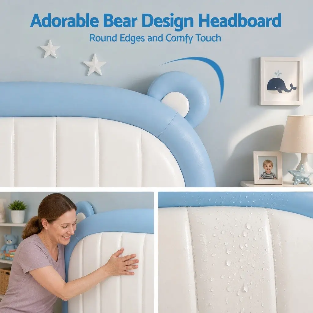 Kids Bed Frame Blue White King Single Upholstered Bear Headboard Waterproof