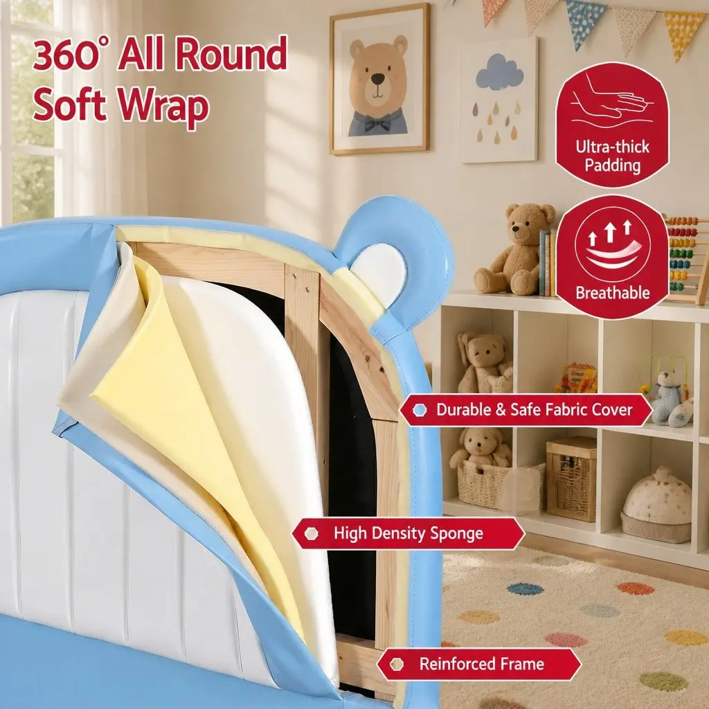 Kids Bed Frame Blue White King Single Upholstered Bear Headboard Waterproof