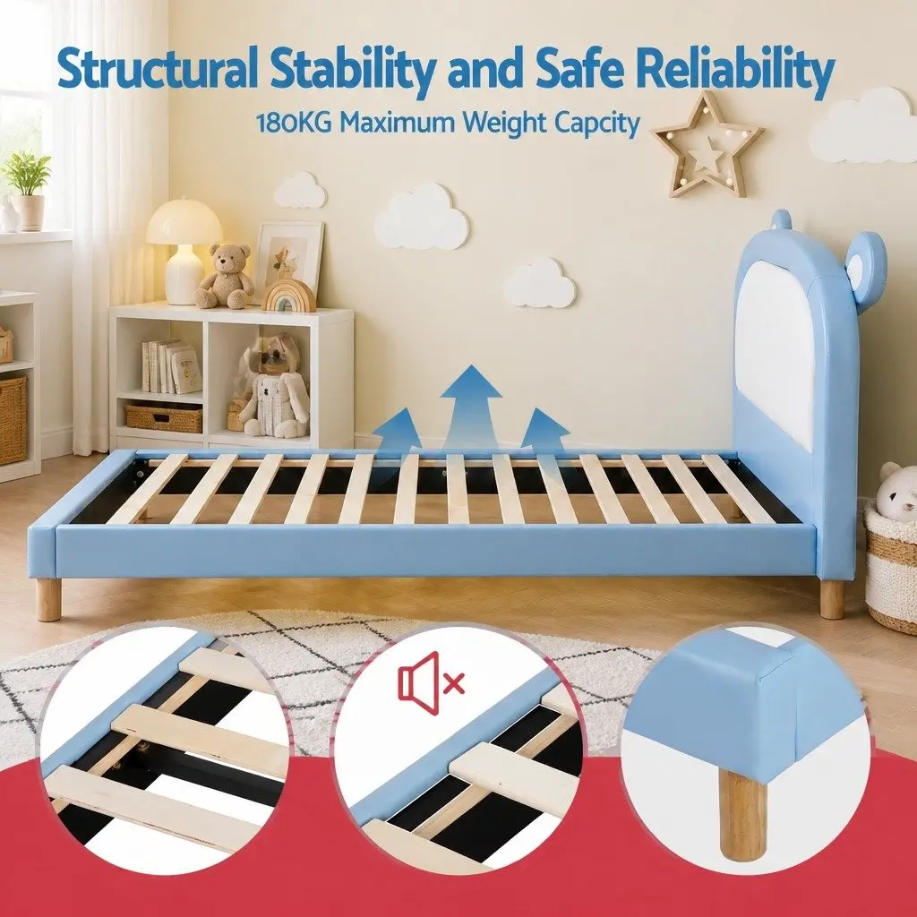 Kids Bed Frame Blue White King Single Upholstered Bear Headboard Waterproof
