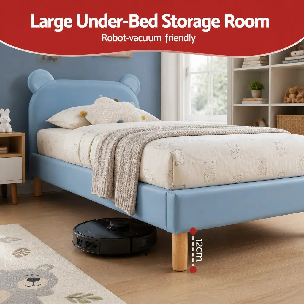 Kids Bed Frame Blue White King Single Upholstered Bear Headboard Waterproof