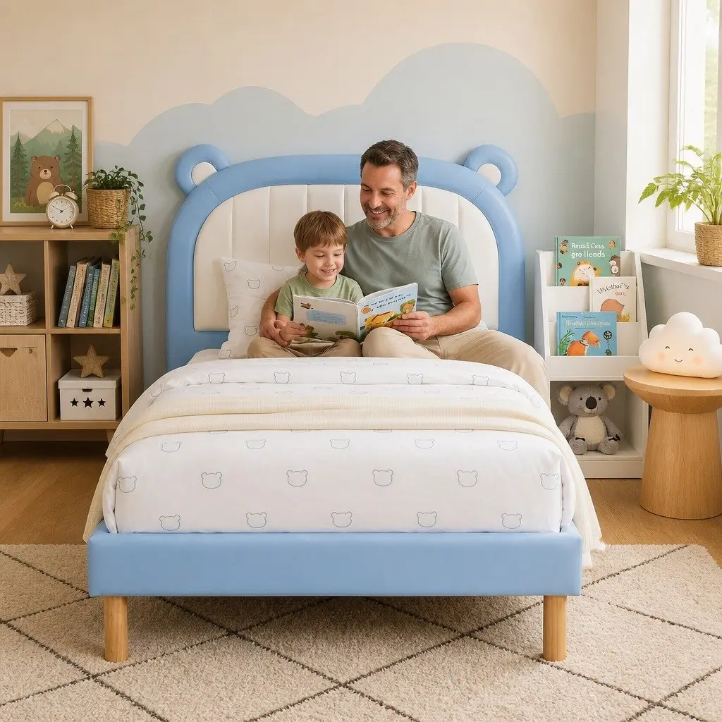 Kids Bed Frame Blue White King Single Upholstered Bear Headboard Waterproof