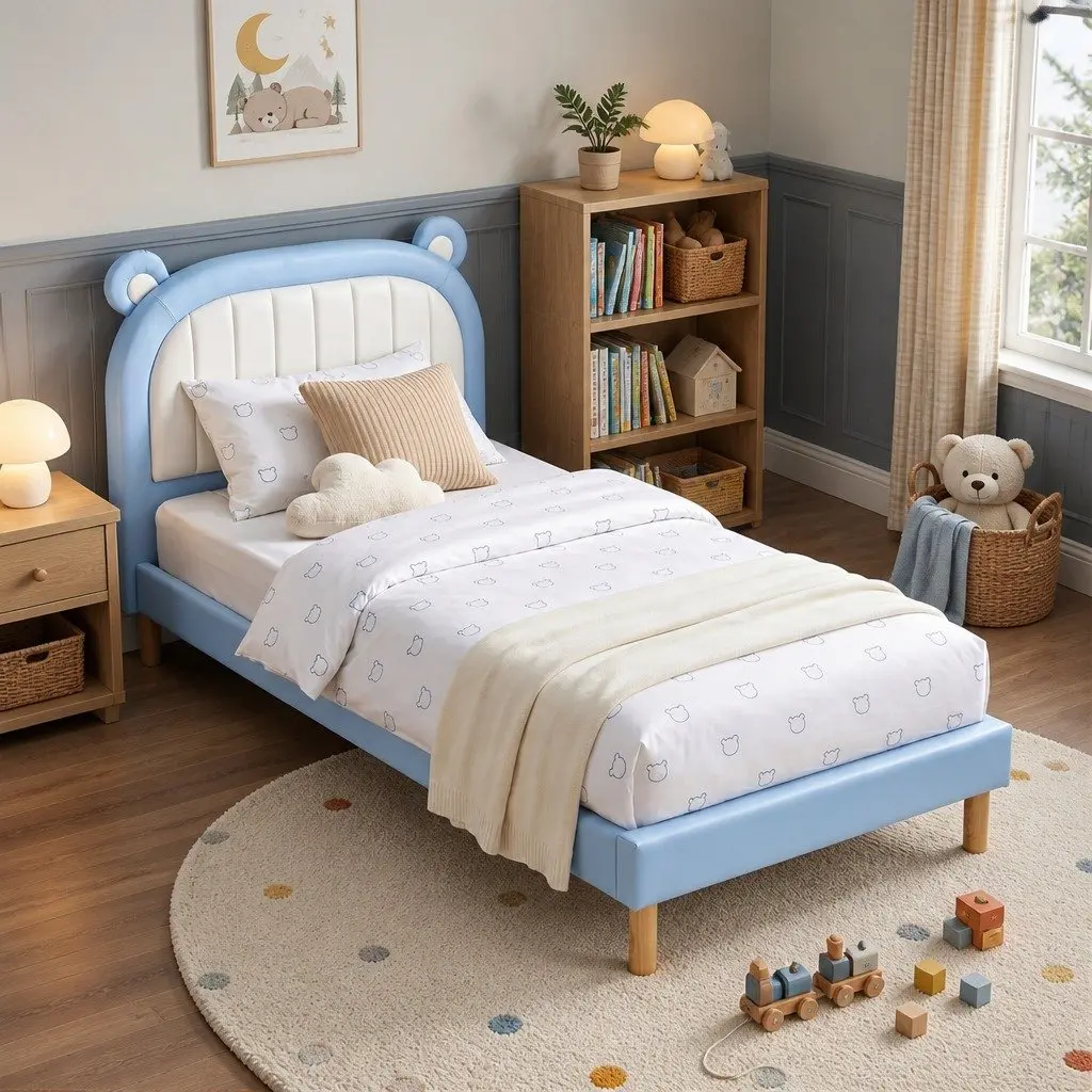 Kids Bed Frame Blue White King Single Upholstered Bear Headboard Waterproof