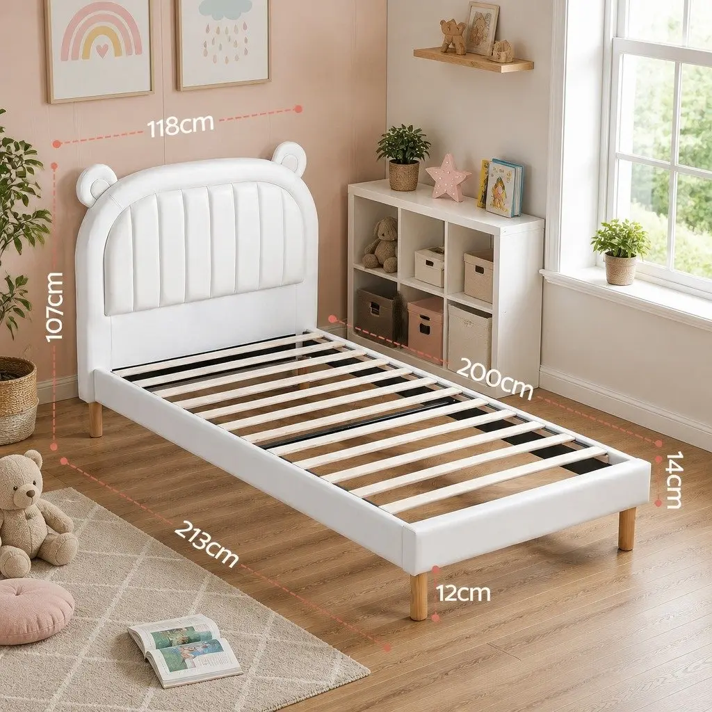 Kids King Single Bed Frame Bear Ears Headboard Upholstered Platform Bedroom