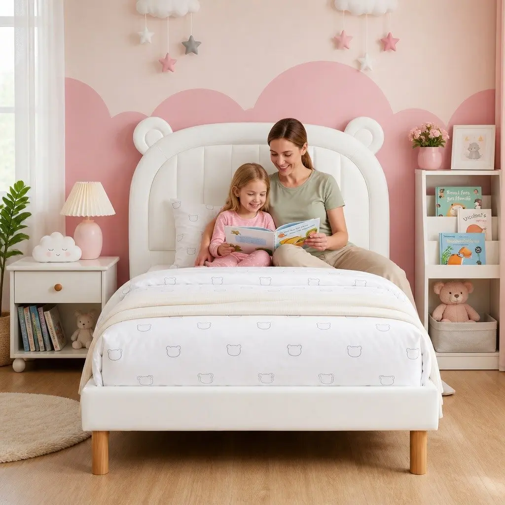 Kids King Single Bed Frame Bear Ears Headboard Upholstered Platform Bedroom