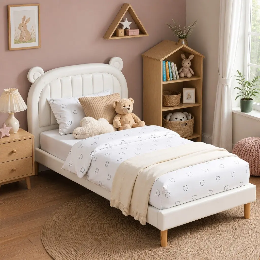 Kids King Single Bed Frame Bear Ears Headboard Upholstered Platform Bedroom