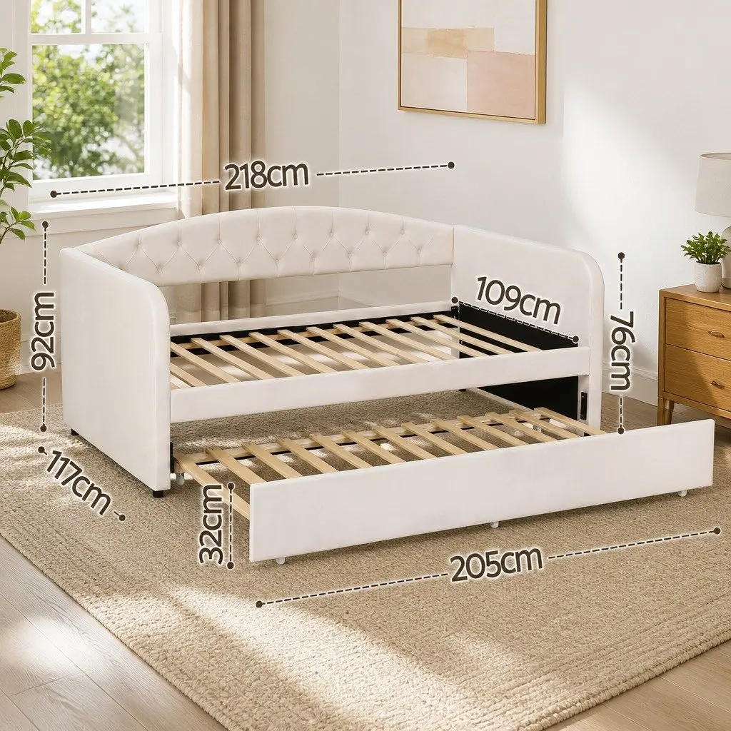 King Single Daybed with Pull-Out Trundle Bed Frame Tufted Upholstered Guest Bed