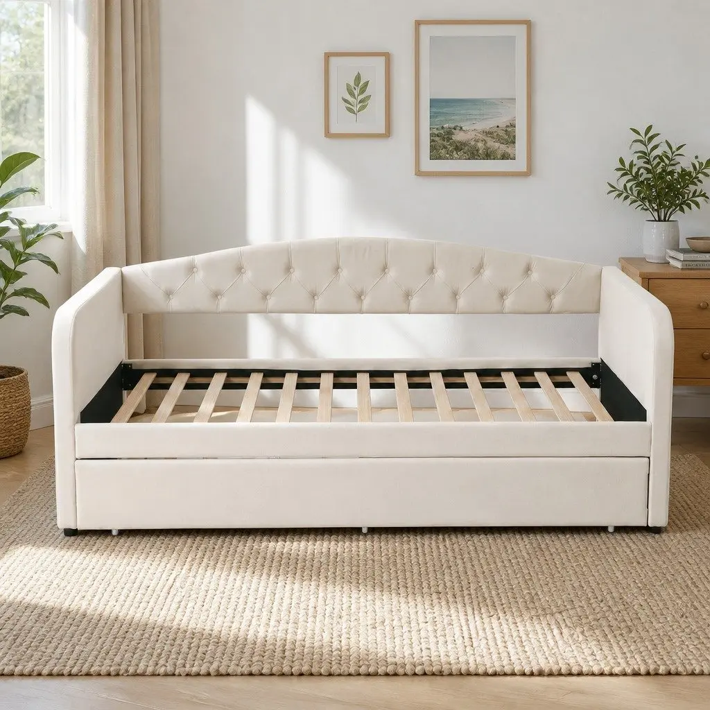 King Single Daybed with Pull-Out Trundle Bed Frame Tufted Upholstered Guest Bed