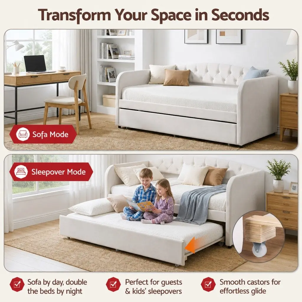 King Single Daybed with Pull-Out Trundle Bed Frame Tufted Upholstered Guest Bed