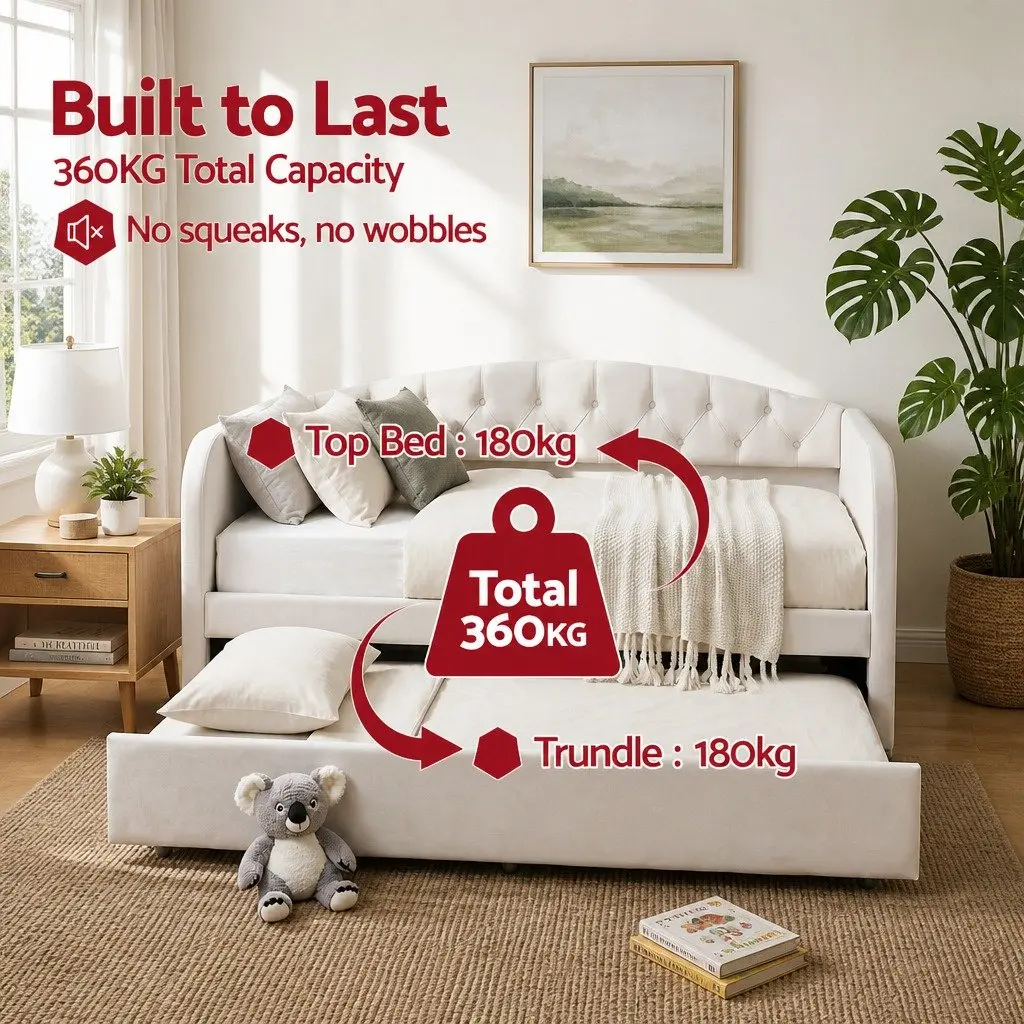King Single Daybed with Pull-Out Trundle Bed Frame Tufted Upholstered Guest Bed