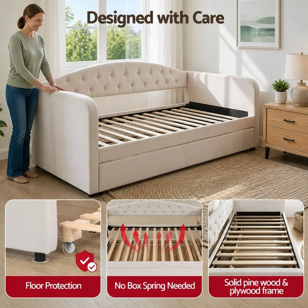 King Single Daybed with Pull-Out Trundle Bed Frame Tufted Upholstered Guest Bed