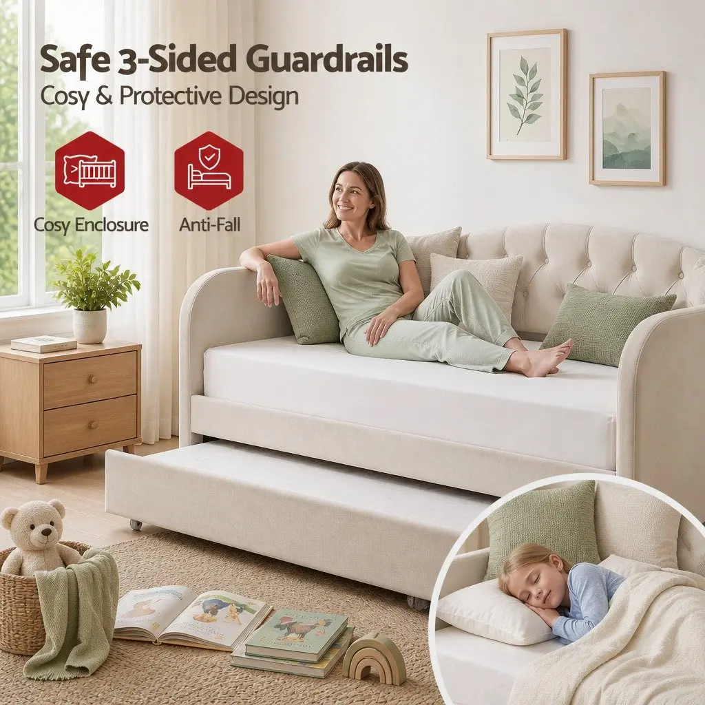 King Single Daybed with Pull-Out Trundle Bed Frame Tufted Upholstered Guest Bed