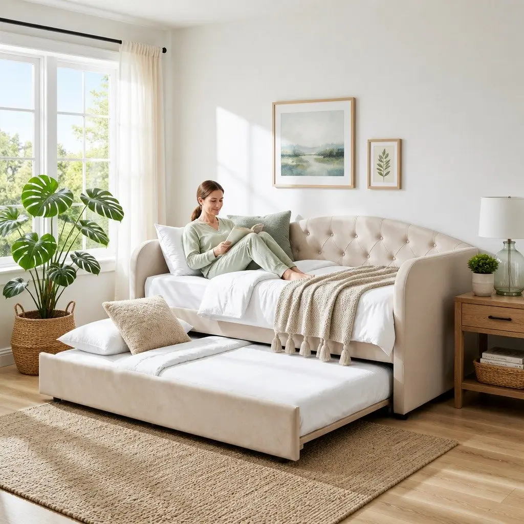 King Single Daybed with Pull-Out Trundle Bed Frame Tufted Upholstered Guest Bed