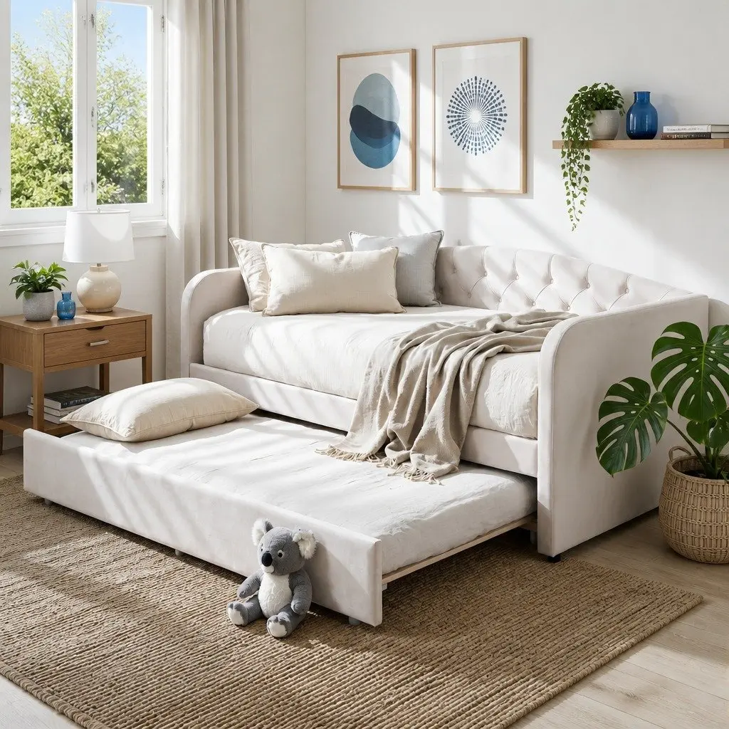 King Single Daybed with Pull-Out Trundle Bed Frame Tufted Upholstered Guest Bed