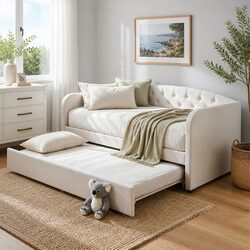 Single Daybed with Pull-Out Trundle Bed Frame Tufted Upholstered Guest Bed White