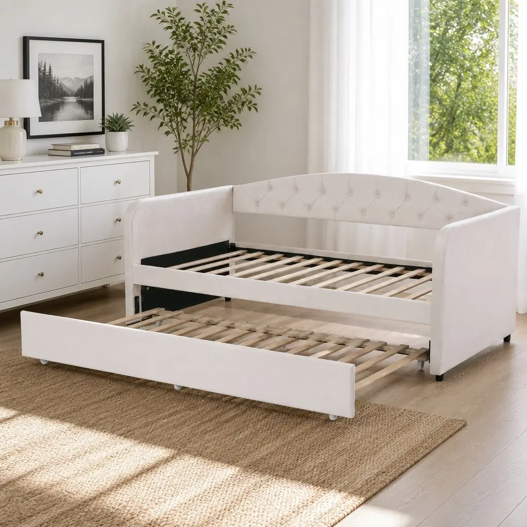 Single Daybed with Pull-Out Trundle Bed Frame Tufted Upholstered Guest Bed White