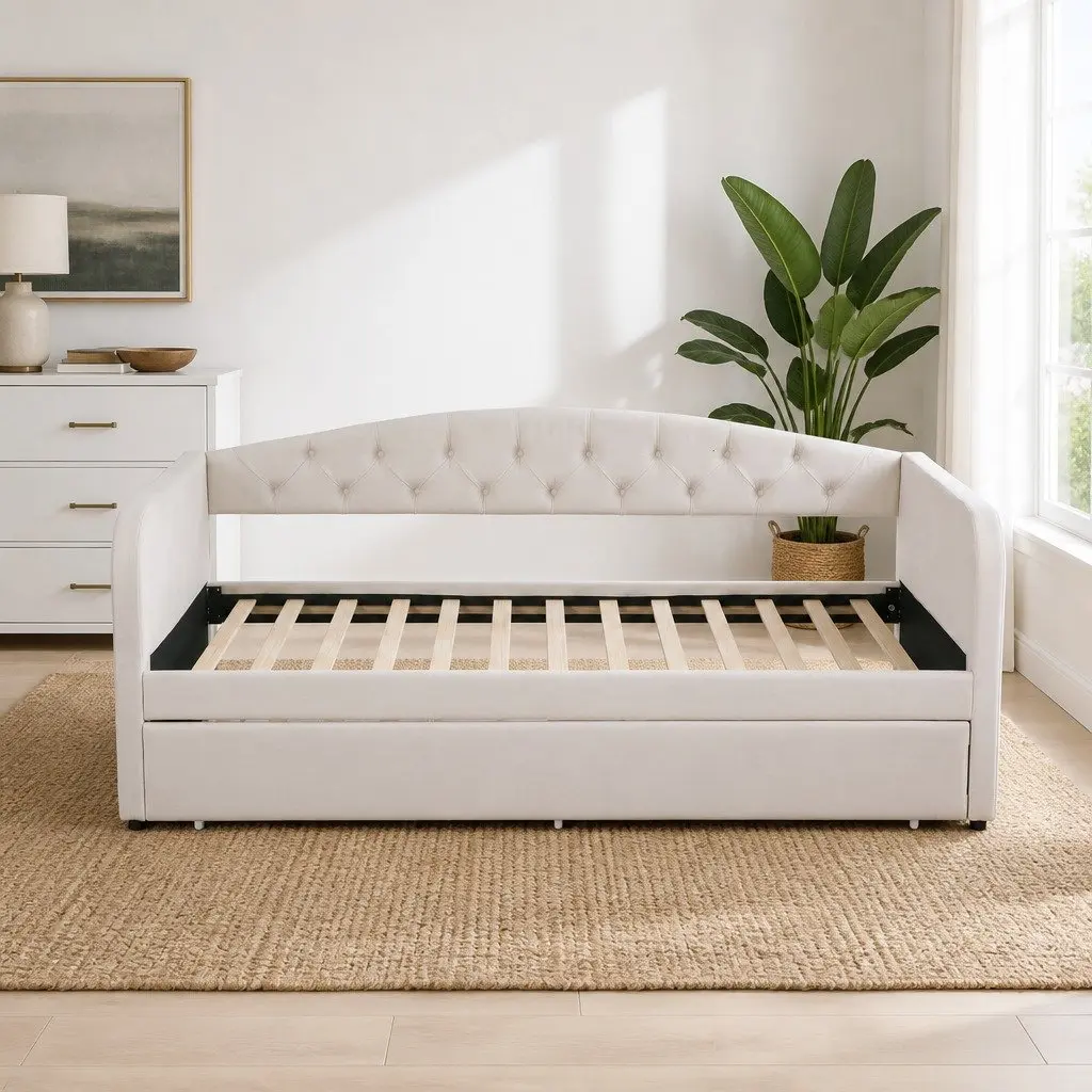 Single Daybed with Pull-Out Trundle Bed Frame Tufted Upholstered Guest Bed White