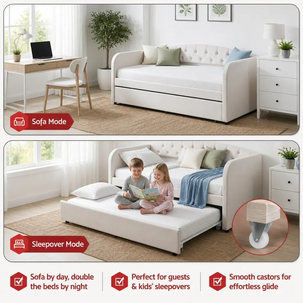 Single Daybed with Pull-Out Trundle Bed Frame Tufted Upholstered Guest Bed White