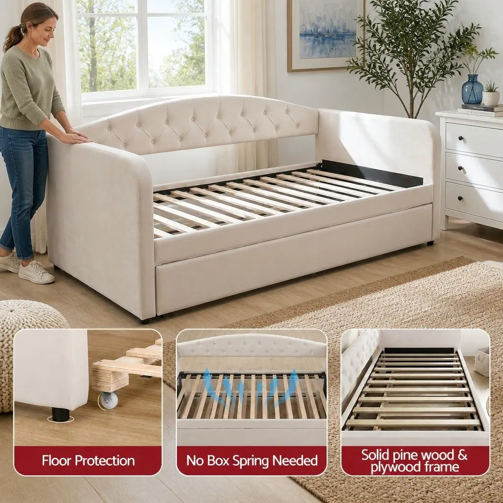 Single Daybed with Pull-Out Trundle Bed Frame Tufted Upholstered Guest Bed White