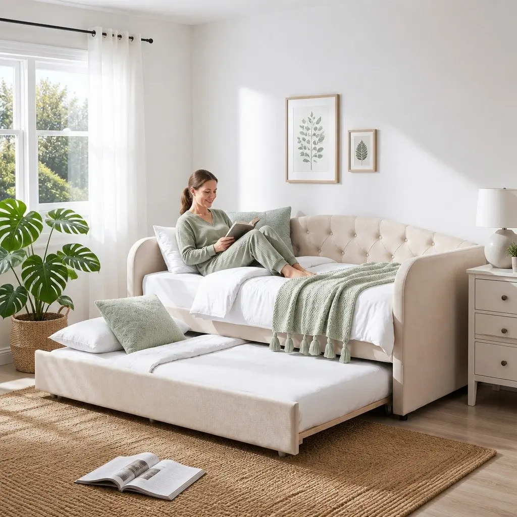 Single Daybed with Pull-Out Trundle Bed Frame Tufted Upholstered Guest Bed White