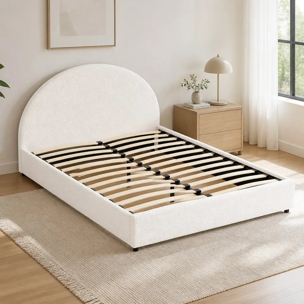 Double Bed Frame Beige Double Gas Lift Storage with Padded Headboard Boucle Fabric