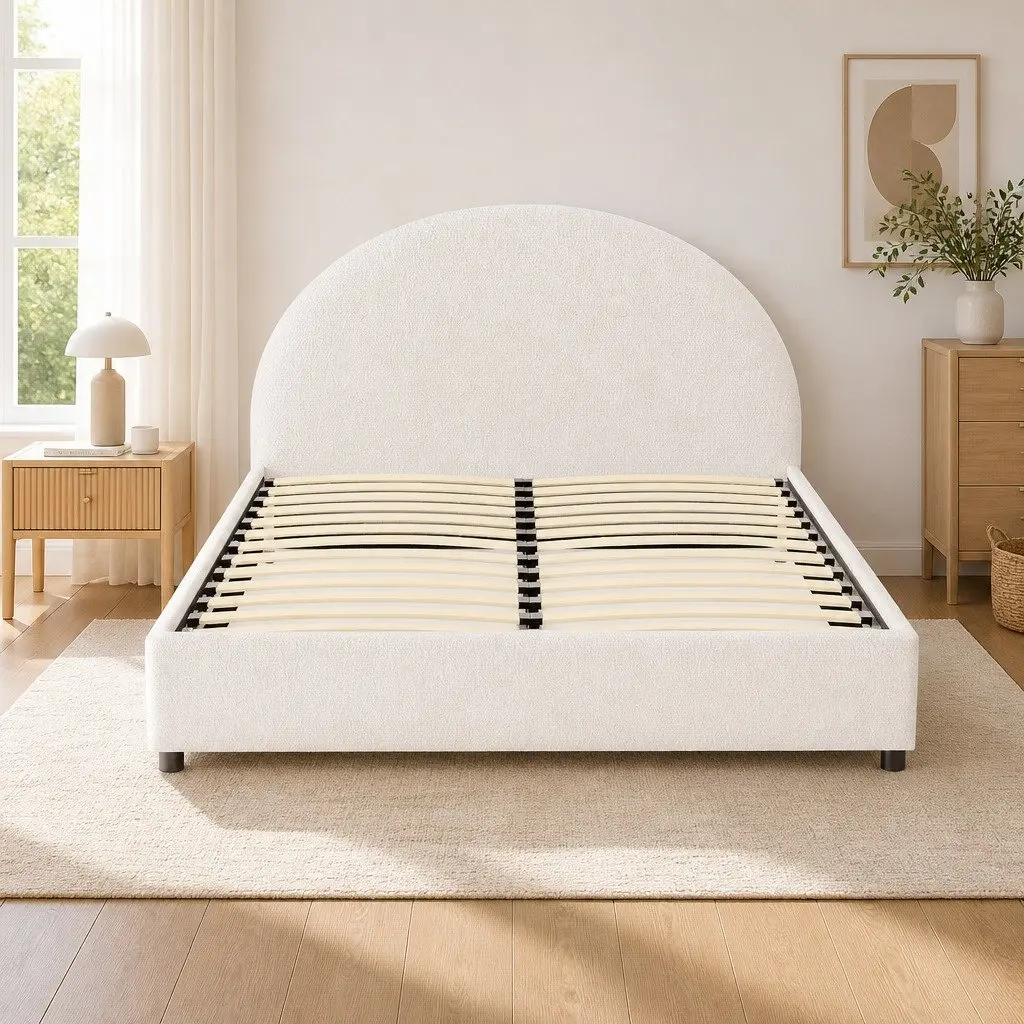 Double Bed Frame Beige Double Gas Lift Storage with Padded Headboard Boucle Fabric
