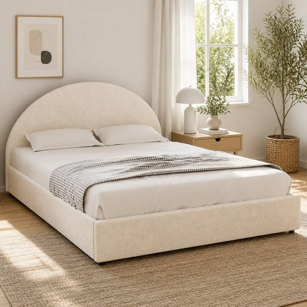 Double Bed Frame Beige Double Gas Lift Storage with Padded Headboard Boucle Fabric