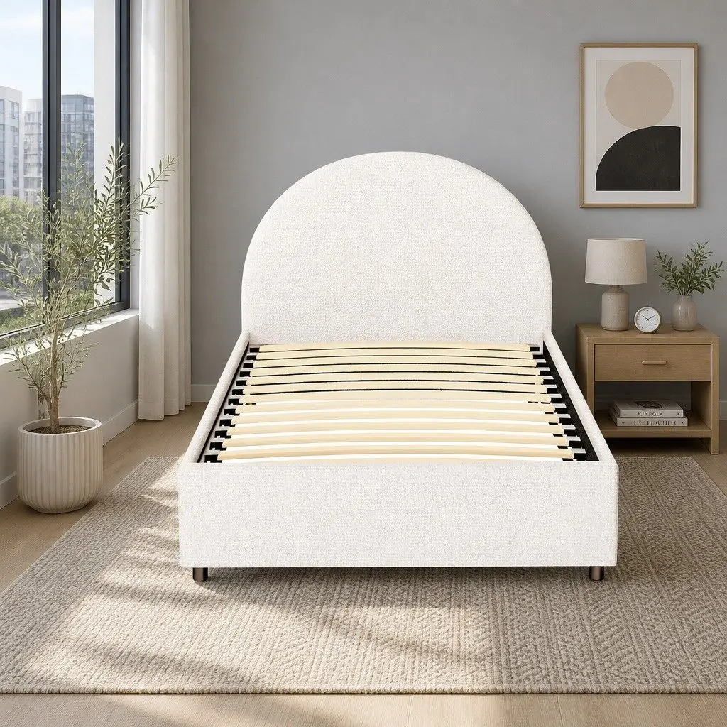 Gas Lift Storage Bed Frame Beige King Single Upholstered Boucle Fabric Padded