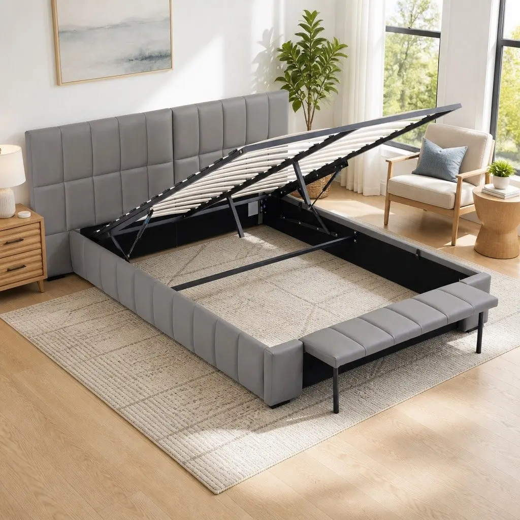 Double Bed Frame Grey Upholstered Platform with Gas Lift Storage and Foldable Bench