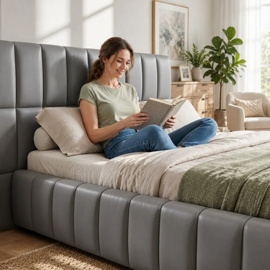 Double Bed Frame Grey Upholstered Platform with Gas Lift Storage and Foldable Bench