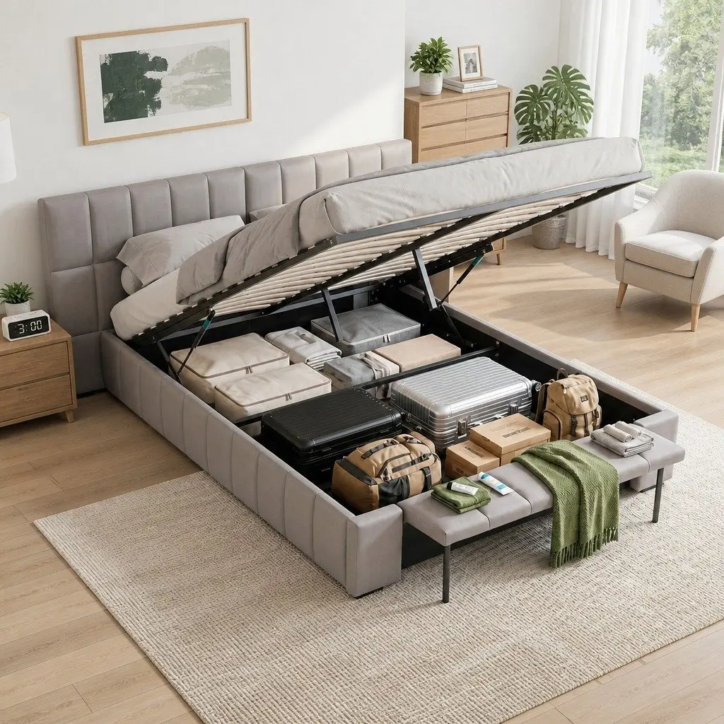 Double Bed Frame Grey Upholstered Platform with Gas Lift Storage and Foldable Bench