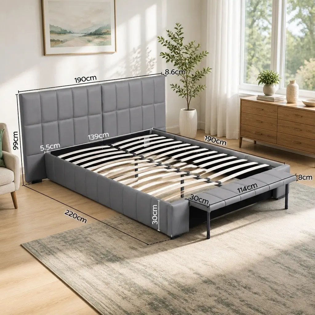 Double Bed Frame Grey Upholstered Platform with Gas Lift Storage and Foldable Bench