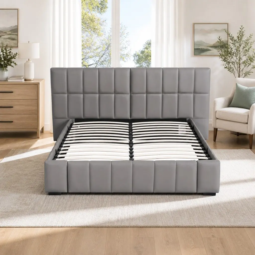 Double Bed Frame Grey Upholstered Platform with Gas Lift Storage and Foldable Bench