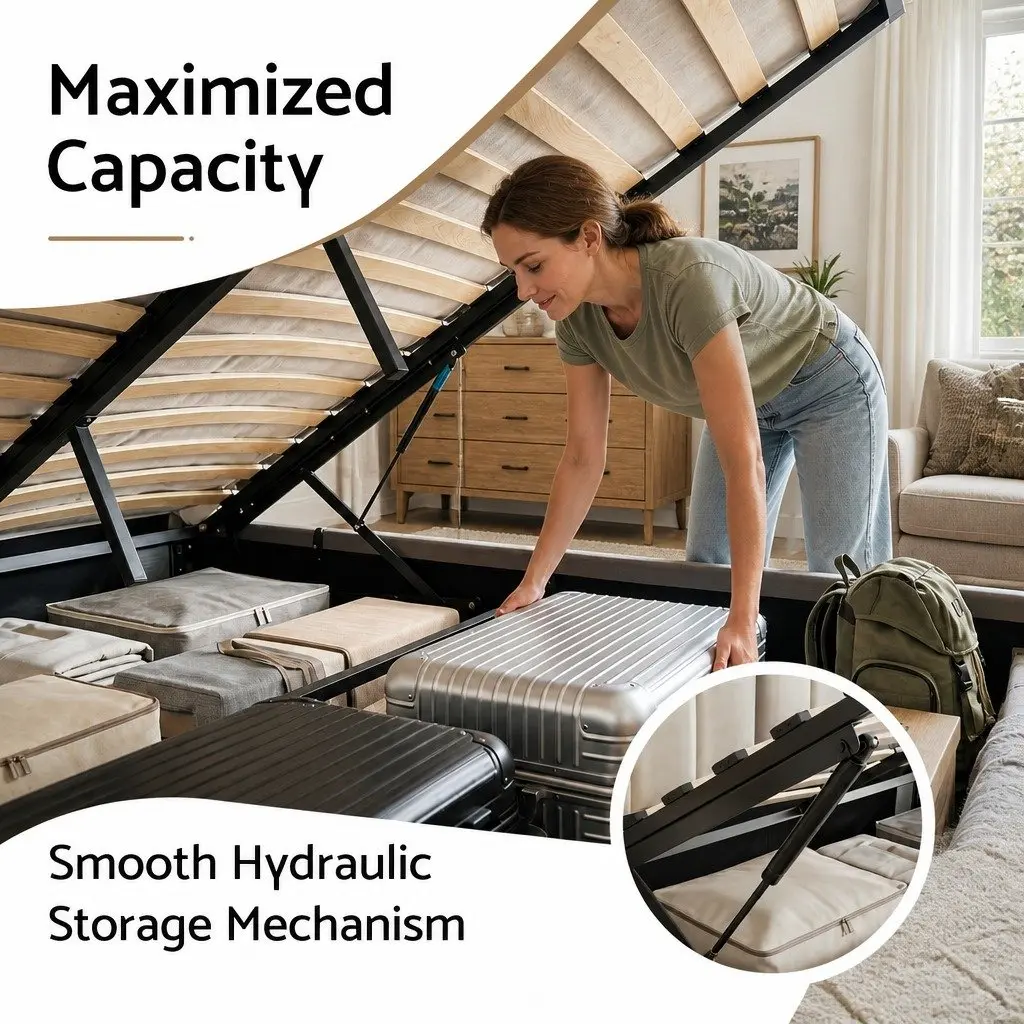 Double Bed Frame Grey Upholstered Platform with Gas Lift Storage and Foldable Bench