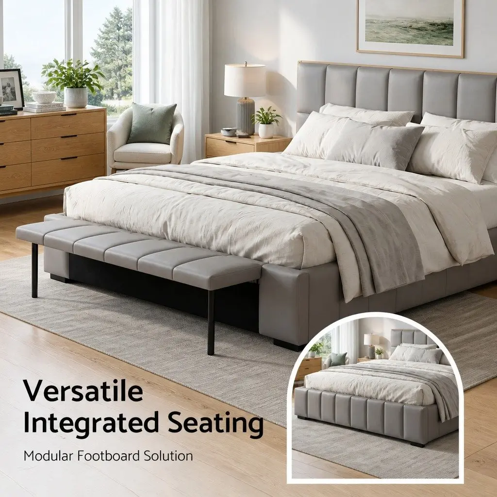 Double Bed Frame Grey Upholstered Platform with Gas Lift Storage and Foldable Bench