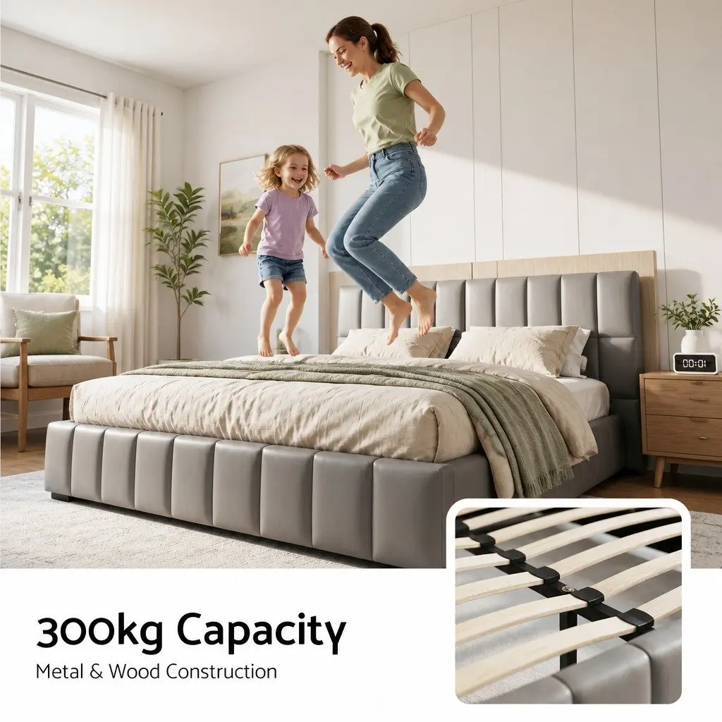 Double Bed Frame Grey Upholstered Platform with Gas Lift Storage and Foldable Bench