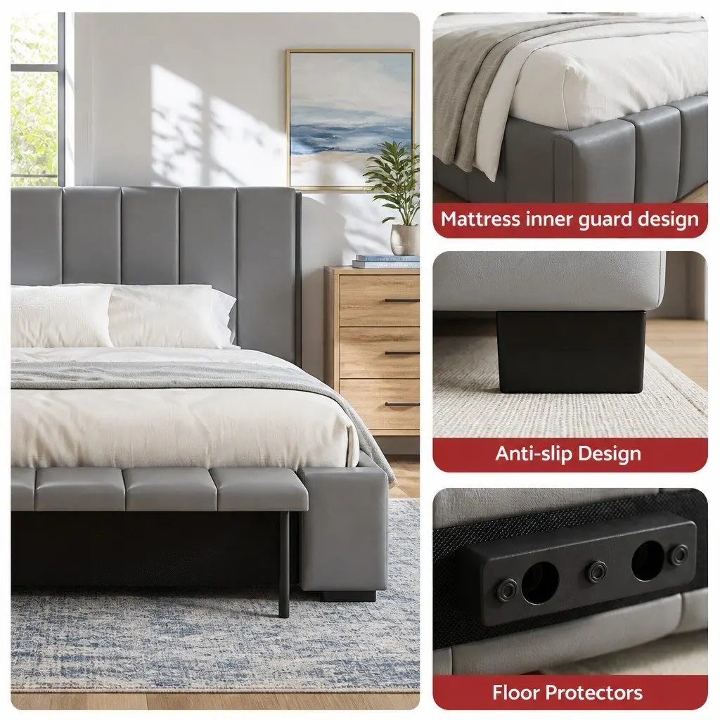 Double Bed Frame Grey Upholstered Platform with Gas Lift Storage and Foldable Bench