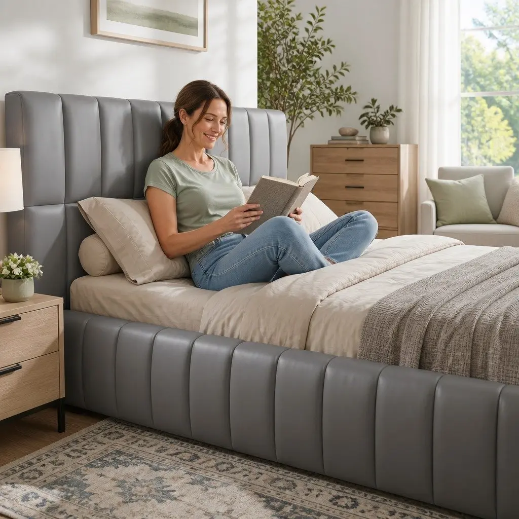 Double Bed Frame Grey Upholstered Platform with Gas Lift Storage and Foldable Bench